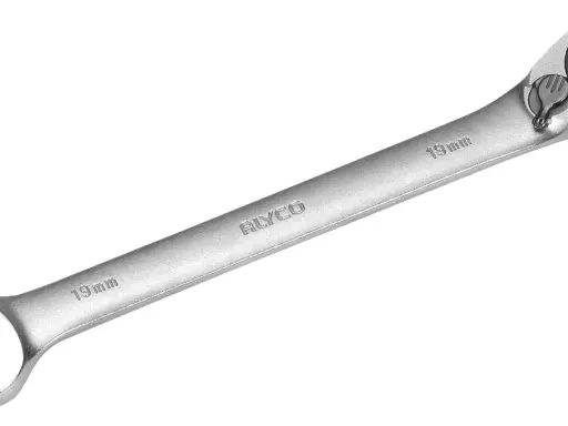 Llave combinada carraca de 19 mm, con extremo abierto y cabeza de carraca giratoria.