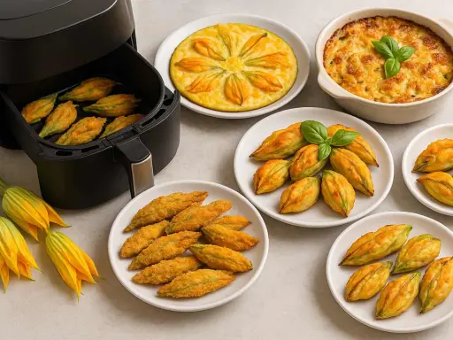 Fiori di zucca in friggitrice ad aria, dorati e croccanti, pronti per essere gustati. Un piatto leggero e saporito.