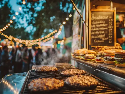 Hamburguesas humeantes en parrilla, listas para servir en un food truck. Un ejemplo de cómo montar un food truck exitoso con ambiente festivo.