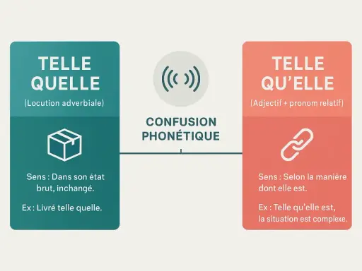 Deux blocs expliquent la différence entre "telle quelle" (locution adverbiale) et "telle qu'elle" (adjectif + pronom relatif), illustrant la confusion phonétique.