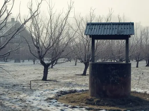 Zimowy sad z opuszczoną studnią, która może symbolizować karę za nielegalną studnię głębinową.