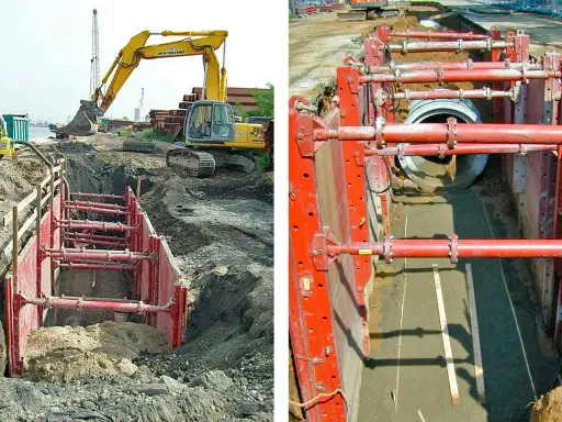 Excavación con entibación ligera para instalar tuberías. Maquinaria pesada y sistema de soporte rojo aseguran el área.