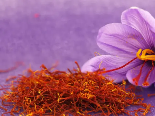 Fleur de crocus violette et stigmates rouges séchés. Une image pour comprendre comment cultiver le safran.