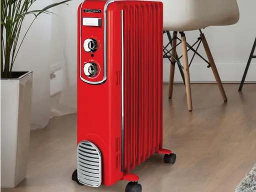 Chauffage d'appoint Thomson rouge, style rétro, avec molettes de réglage. Le meilleur chauffage d'appoint pour une ambiance cosy.