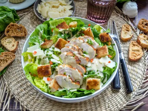 Saftiges Hähnchenbrustfilet auf knackigem Römersalat mit Croutons und cremiger Sauce – eine köstliche Caesar Salad.