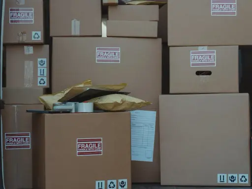 Stos kartonów, w tym oznaczone jako "FRAGILE", gotowych do wysyłki. Czy do reklamacji potrzebny jest karton? Zazwyczaj tak, aby zabezpieczyć towar.