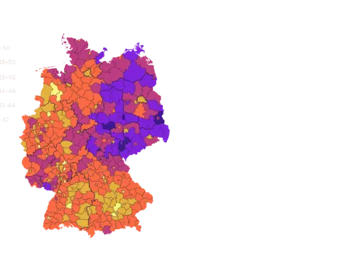 Karte Deutschlands mit farbkodierten Regionen, die unterschiedliche Werte darstellen. Die Legende zeigt Werte von ≥ 50 (dunkelblau) bis < 42 (gelb). Dies könnte gesellschaftlichen Wandel in verschiedenen Gebieten visualisieren.