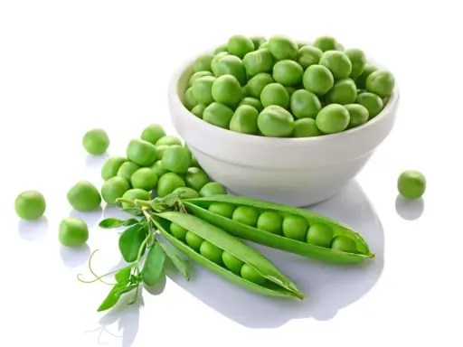 Des pois mange tout frais et verts, certains dans une écale ouverte, d'autres dans un bol blanc.