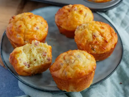Fünf herzhafte Muffins mit Speck und Käse auf einem grauen Teller. Einer ist angeschnitten und zeigt die saftige Krume.