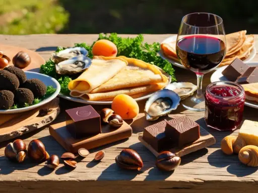 Un festin de saveurs françaises : huîtres, crêpes, marrons, chocolat et vin rouge, un plat typique français par région.