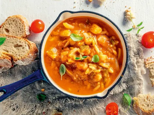 Herzhafte italienische Suppe mit Gemüse und Nudeln, serviert mit rustikalem Brot und frischen Tomaten. Ein Genuss für kalte Tage.