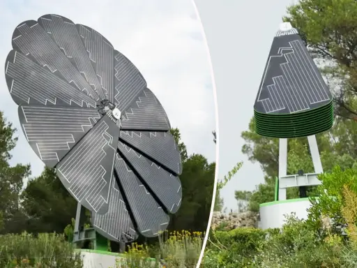 Un tournesol solaire, ouvert comme une fleur, capte la lumière. Fermé, il ressemble à un cône futuriste.