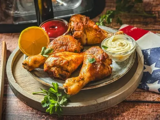 Saftige drumsticks aus dem Airfryer, serviert mit Ketchup, Mayonnaise und Zitrone. Perfekt für einen leckeren Snack!