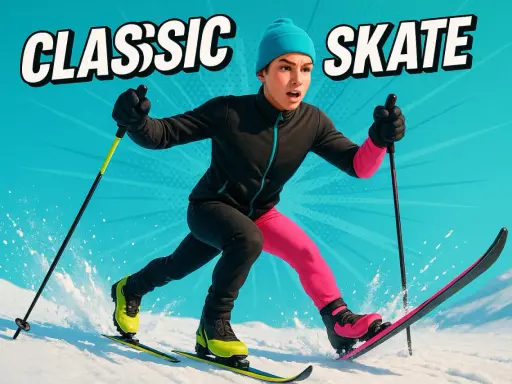Ungdom åker skate-skidor, med texten "CLASSIC SKATE". En bra fråga är hur långa skidor man ska ha för att åka fort.