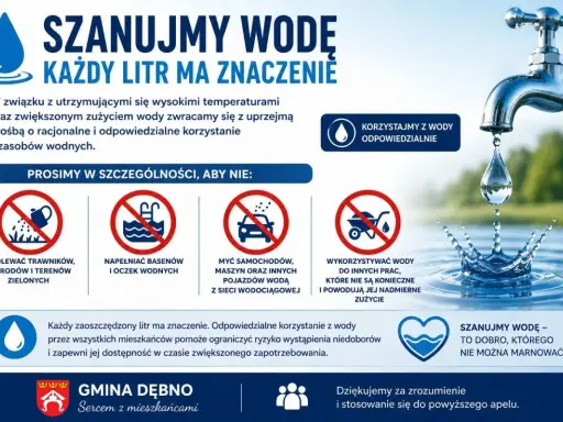 Kran z kroplą wody symbolizuje oszczędzanie wody. Plakat przypomina o racjonalnym korzystaniu z zasobów wodnych, podkreślając, że każdy litr ma znaczenie.