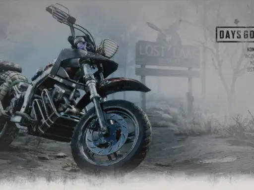 Motocykl z gry Days Gone, gotowy do drogi. Menu gry oferuje opcje kontynuuj, wczytaj grę, nowa gra i ustawienia. To świetny poradnik dla graczy.