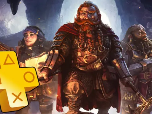 Trzech krasnoludów w zbrojach, z brodami i w jaskini. Obok żółte logo PlayStation Plus, zapowiadające gry na marzec.