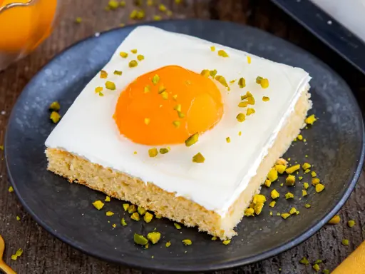 Ein Stück Kuchen mit weißer Glasur, einem orangen Gelee-Dotter und gehackten Pistazien, das wie ein Spiegeleikuchen mit Quark aussieht.