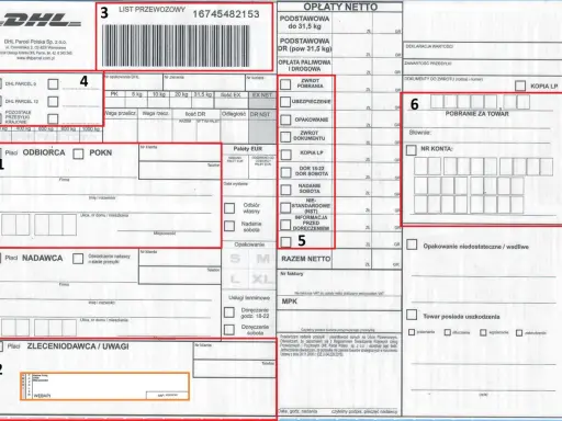 List przewozowy DHL zawiera dane nadawcy, odbiorcy, informacje o przesyłce i opłatach. To dokument potwierdzający nadanie paczki.