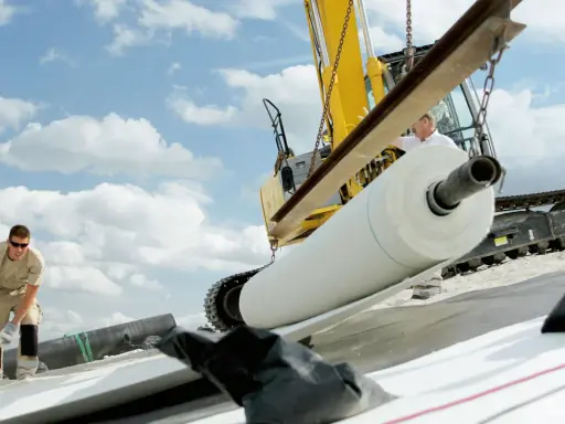 Excavadora descarga un rollo de lámina bentonita. Obreros trabajan en la instalación bajo un cielo nublado.