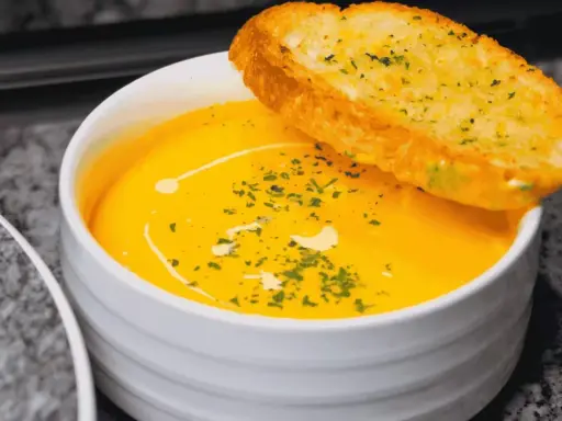 Bol de soupe orange crémeuse garni d'herbes et d'une tranche de pain à l'ail.