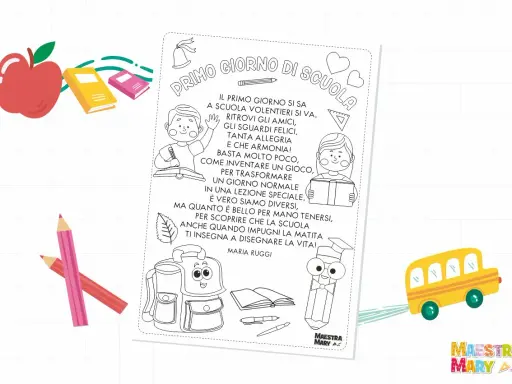 Pagina da colorare con una filastrocca del nuovo anno scolastico, con bambini, libri, matite, zaino e scuolabus.