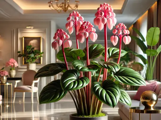 Kwiat medinilla z różowymi kwiatostanami i dużymi, zielonymi liśćmi w eleganckim wnętrzu.