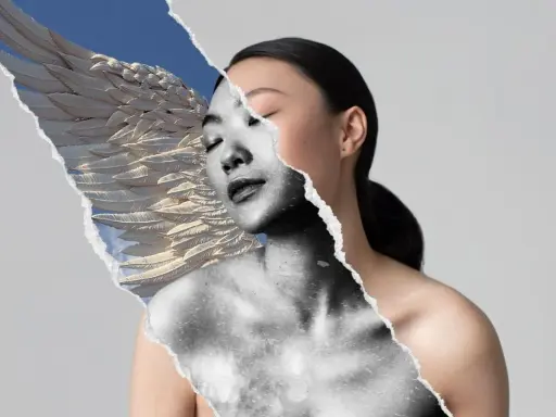 A torn collage reveals an Asian woman's face and body, with a feathered wing and sky on the left. One of the best portraits.