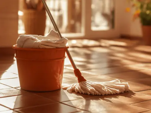 Seau orange avec serpillère et serviette, prêt pour le nettoyage de terre cuite avec bicarbonate de soude.