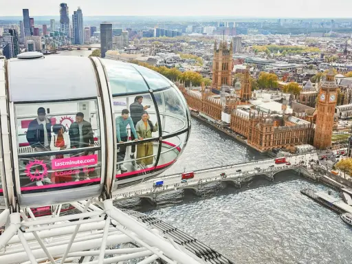 Ludzie podziwiają panoramę Londynu z kapsuły London Eye. Ciekawostki o tym miejscu można odkrywać podczas tej niezwykłej podróży.