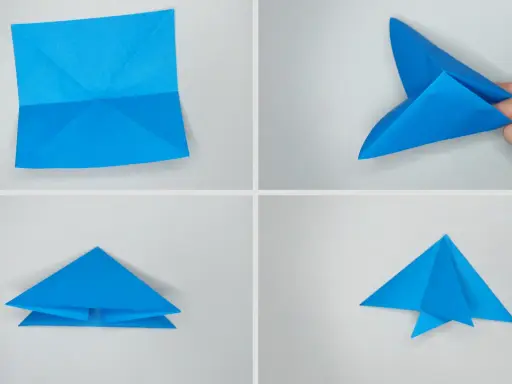 Pasos para papiroflexia para niños: un avión de papel azul se pliega en cuatro etapas.