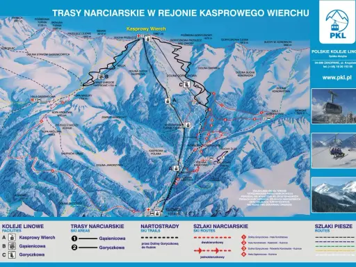 Mapa tras narciarskich w rejonie Kasprowego Wierchu. Pokazuje szlaki, wyciągi i punkty widokowe.
