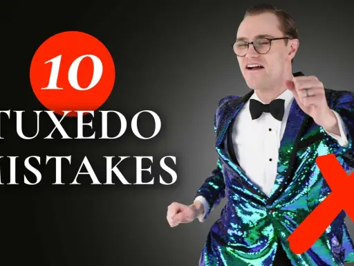 Man in a sparkly tuxedo jacket with a red X, illustrating what to wear to a black tie event and common tuxedo mistakes.