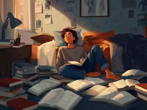 Ein junger Mann sitzt inmitten von Büchern, vertieft in seine Lektüre. Das warme Licht der Abendsonne beleuchtet den Raum, während er sich auf das Lernen konzentriert, fast wie im **gerondif französisch**.