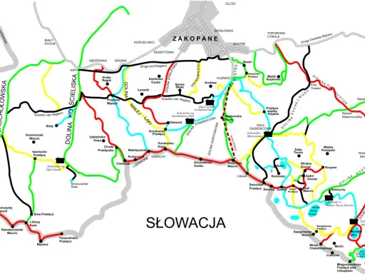 Mapa Tatr z zaznaczonymi szlakami turystycznymi. Kolory szlaków wskazują ich trudność. Znajdź jakie szlaki w Zakopanem wybrać na wycieczkę.