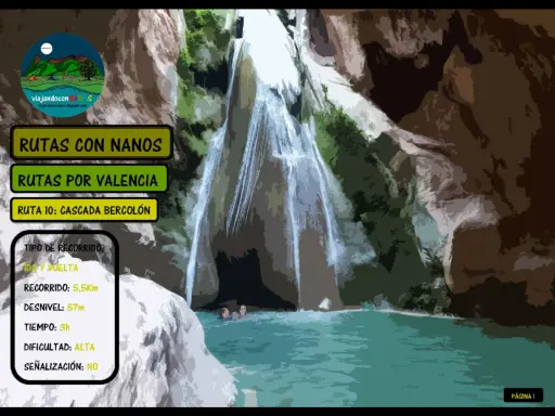 Una impresionante cascada de Bercolón cae en una poza turquesa. El texto indica "Ruta 10: Cascada Bercolón".