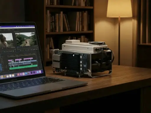 Un ordinateur portable affiche un logiciel de montage vidéo. À côté, un appareil complexe, peut-être un NAS, est connecté.