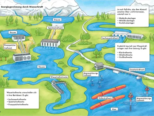 Schema zeigt verschiedene Wasserkraftwerke, darunter ein Laufwasserkraftwerk, das die Energieumwandlung von Wasser in Strom illustriert.
