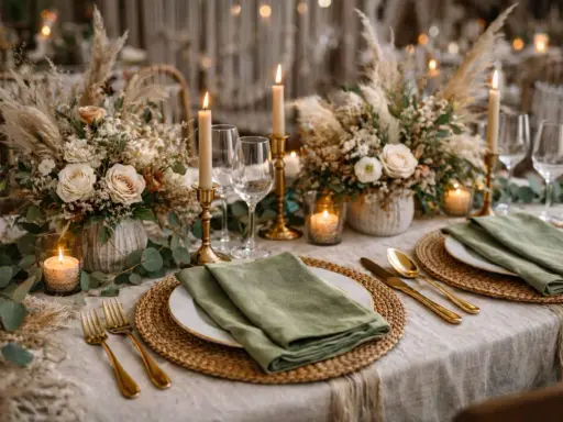 Elegancka aranżacja stołu weselnego w stylu boho: bukiety z traw pampasowych i róż, złote sztućce, świece i zielone serwetki. Idealna inspiracja, jak się ubrać na wesele w stylu boho.