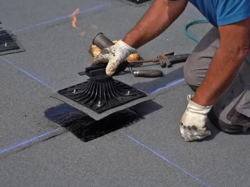 Instalador aplica calor con soplete para fijar tela asfáltica a base de techo, asegurando impermeabilización.