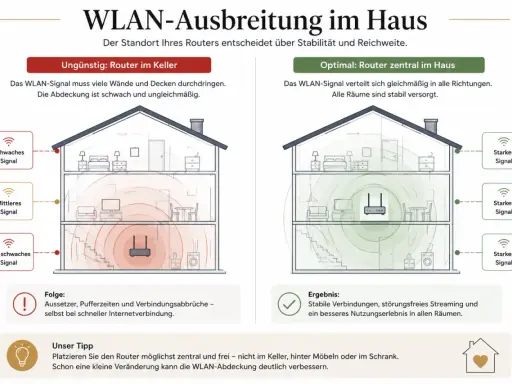 Vergleich der WLAN-Ausbreitung: Router im Keller führt zu schwachem Signal, zentral platziert zu starker WLAN-Reichweite in allen Räumen.