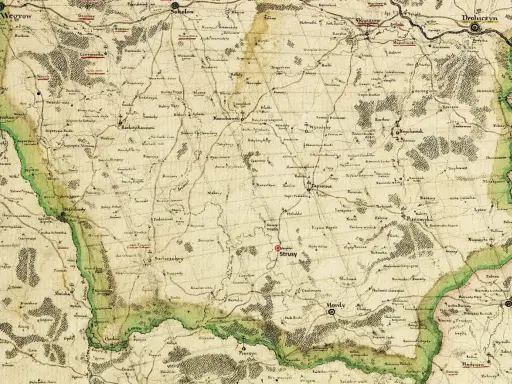 Mapa z XVIII wieku, gdzie jest Podlasie. Widoczne miasta: Drohiczyn, Sokołów, Węgrów, Mordy, Strusy.