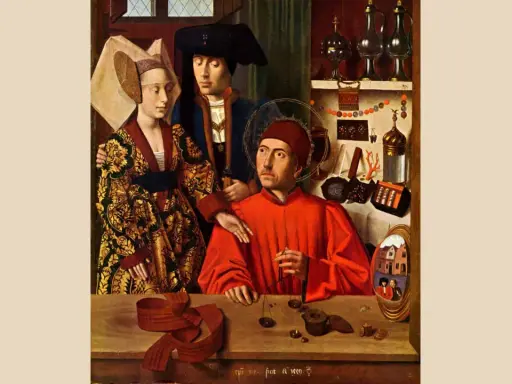 Święty Eligiusz, patron mechaników i złotników, w otoczeniu pary. Na stole wagi i biżuteria.