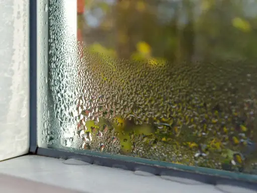 Condensación en marco ventana aluminio. El cristal empañado dificulta ver el exterior.