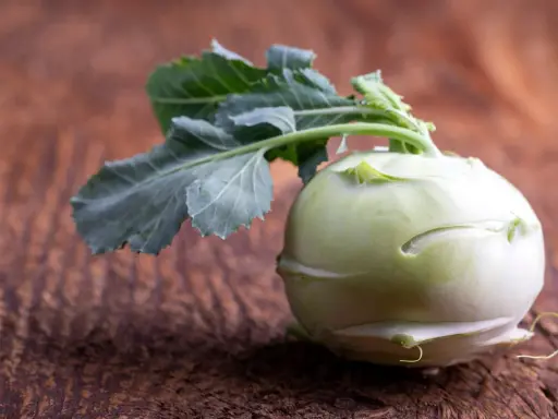 Ein frischer Kohlrabi mit grünen Blättern liegt auf einem rustikalen Holztisch. Kohlrabi gesund und vielseitig.