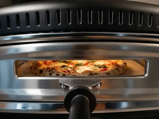 En perfekt vedugnsbakad pizza med bubblig kant och färska örter gräddas i en modern ugn.