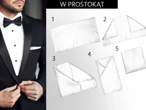 Instrukcja krok po kroku, jak złożyć chusteczkę do garnituru w prostokąt. Elegancki mężczyzna w smokingu pokazuje, jak uzyskać idealny wygląd.