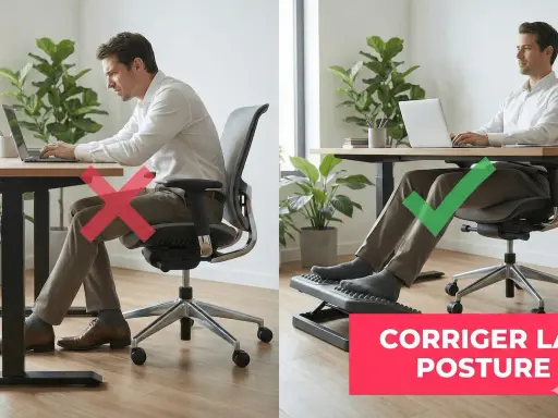 Un homme travaille à un poste de travail. La partie gauche montre une mauvaise posture, la droite une bonne posture avec repose-pieds.