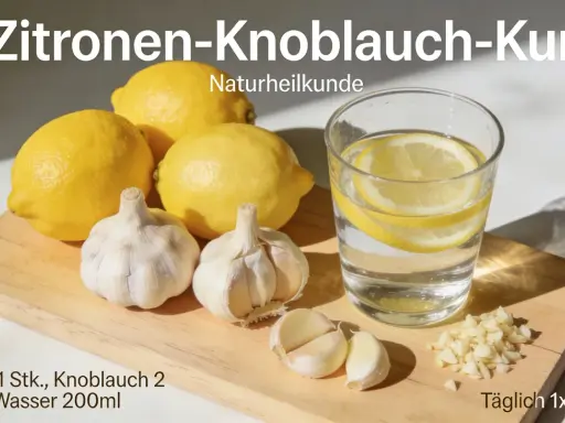 Zitronen-Knoblauch-Kur: Ein Glas Wasser mit Zitrone, Knoblauchzehen und gehacktem Knoblauch. Ein einfaches Rezept für Wohlbefinden.