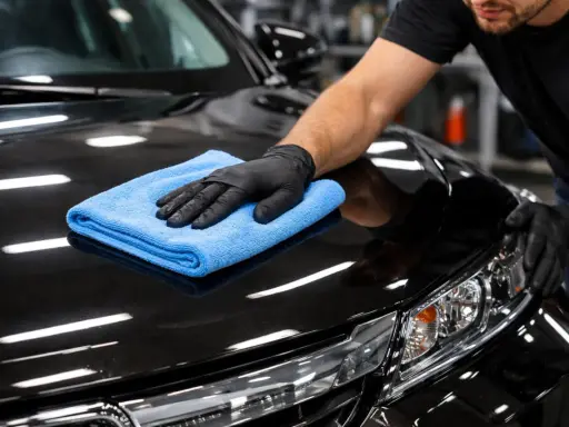 Mężczyzna w czarnej rękawiczce poleruje czarny lakier auta niebieską mikrofibrą. Czy po woskowaniu płukać auto? To pytanie zadaje sobie wielu kierowców.